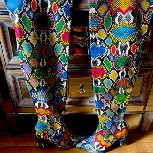 Multi colored python over the knee boots Vegan leather